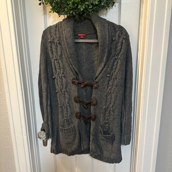 Merona Gray Long Cardigan w/Faux Leather & 3 Wood Beads-Size Medium - Picture 1 of 6